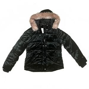 Women's Puffer Jacket Black Velvet Pink Fur Hood